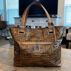 VINTAGE BRIGHTON TOTE CROC ANIMAL PRINT BRONZE LEATHER